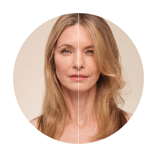 woman with blonde hair showcasing a before and after